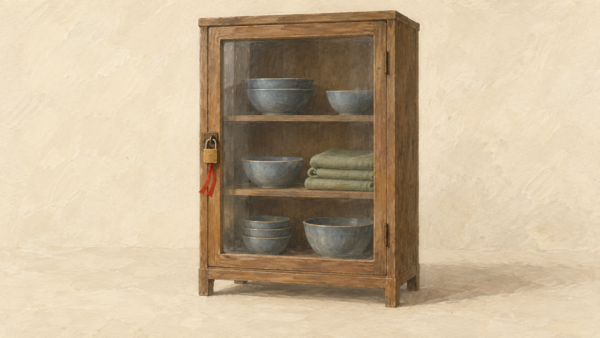 A cabinet's contents are visible through glass while a locked door prevents additions