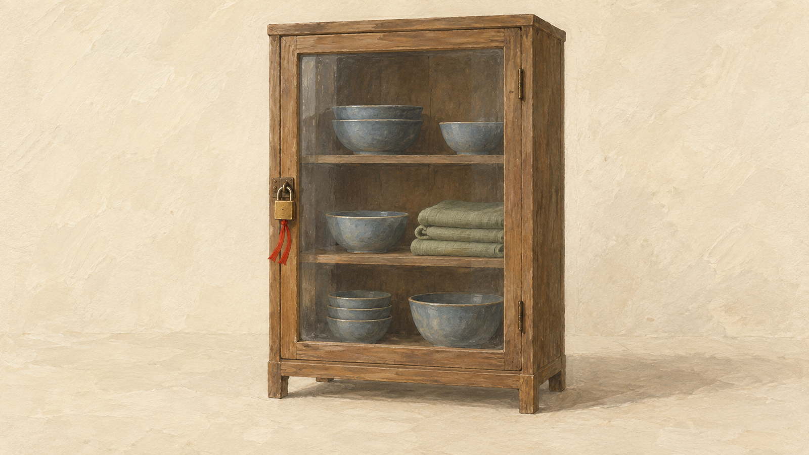 A cabinet's contents are visible through glass while a locked door prevents additions