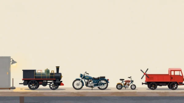 Gouache painting: a workshop shelf with a row of different small model engines: a little steam engine, a compact motor and a wind-up mechanism; one engine is painted vermilion