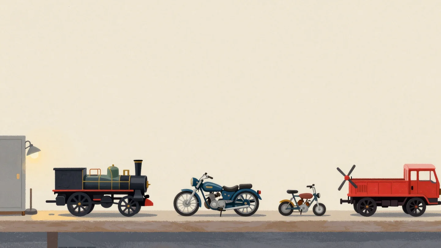 Gouache painting: a workshop shelf with a row of different small model engines: a little steam engine, a compact motor and a wind-up mechanism; one engine is painted vermilion