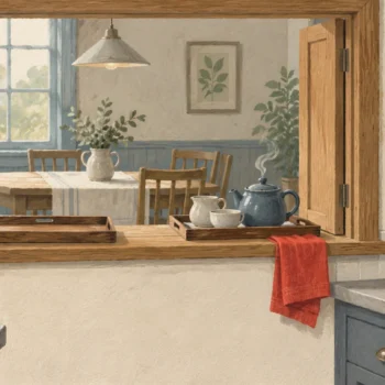 Gouache painting of a wooden kitchen pass-through with an empty tray on one side and a tray with a teapot coming back, a vermilion towel on the sill.