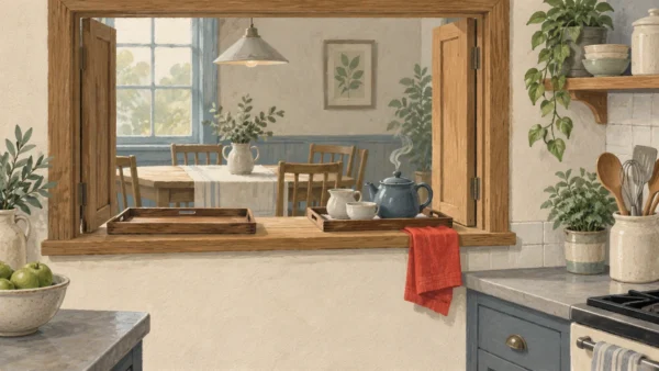 Gouache painting of a wooden kitchen pass-through with an empty tray on one side and a tray with a teapot coming back, a vermilion towel on the sill.