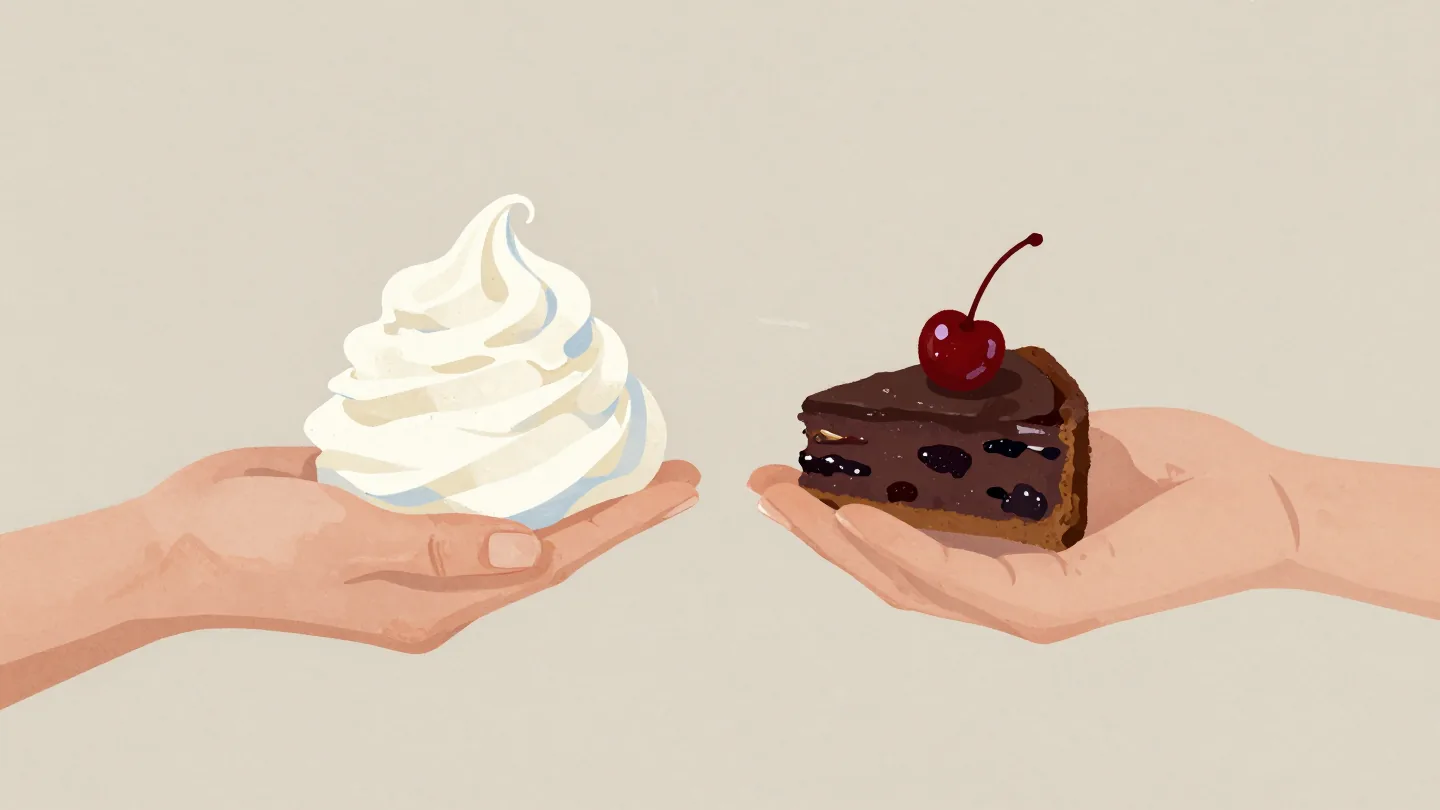 Hands holding a huge airy meringue and a small dense fruitcake, the hand with the fruitcake sinking lower.