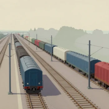 A railway yard where wagons roll into four sidings, one siding far longer than the other three.