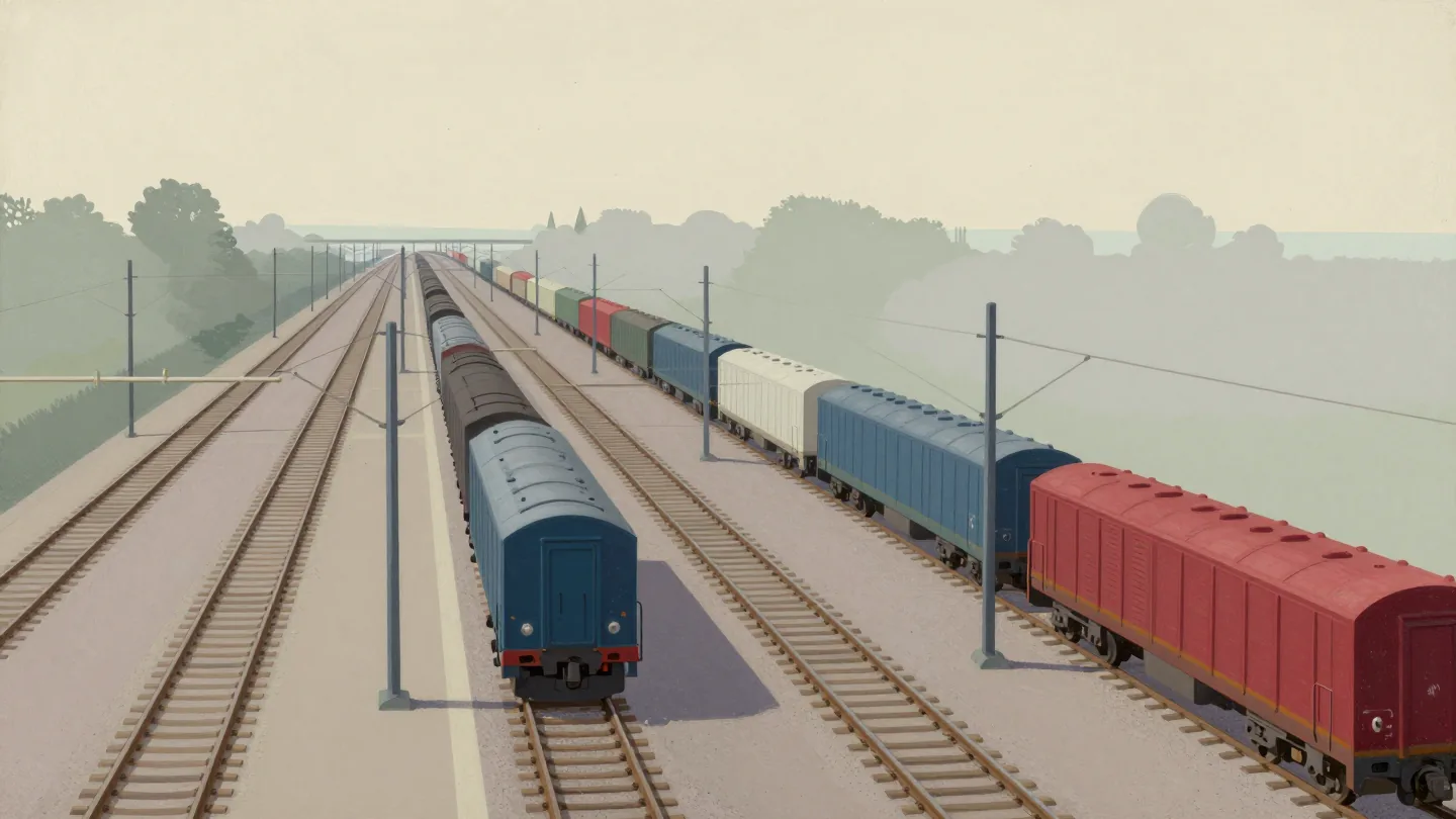A railway yard where wagons roll into four sidings, one siding far longer than the other three.