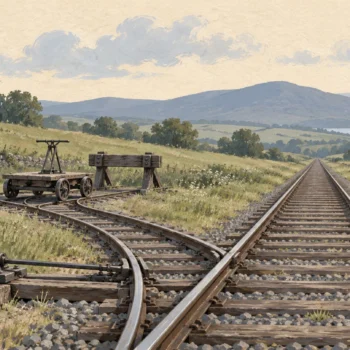 Gouache painting of a railway junction where a vermilion switch lever sends a small handcar onto a short siding ending at a buffer stop.