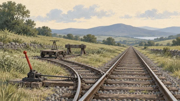 Gouache painting of a railway junction where a vermilion switch lever sends a small handcar onto a short siding ending at a buffer stop.