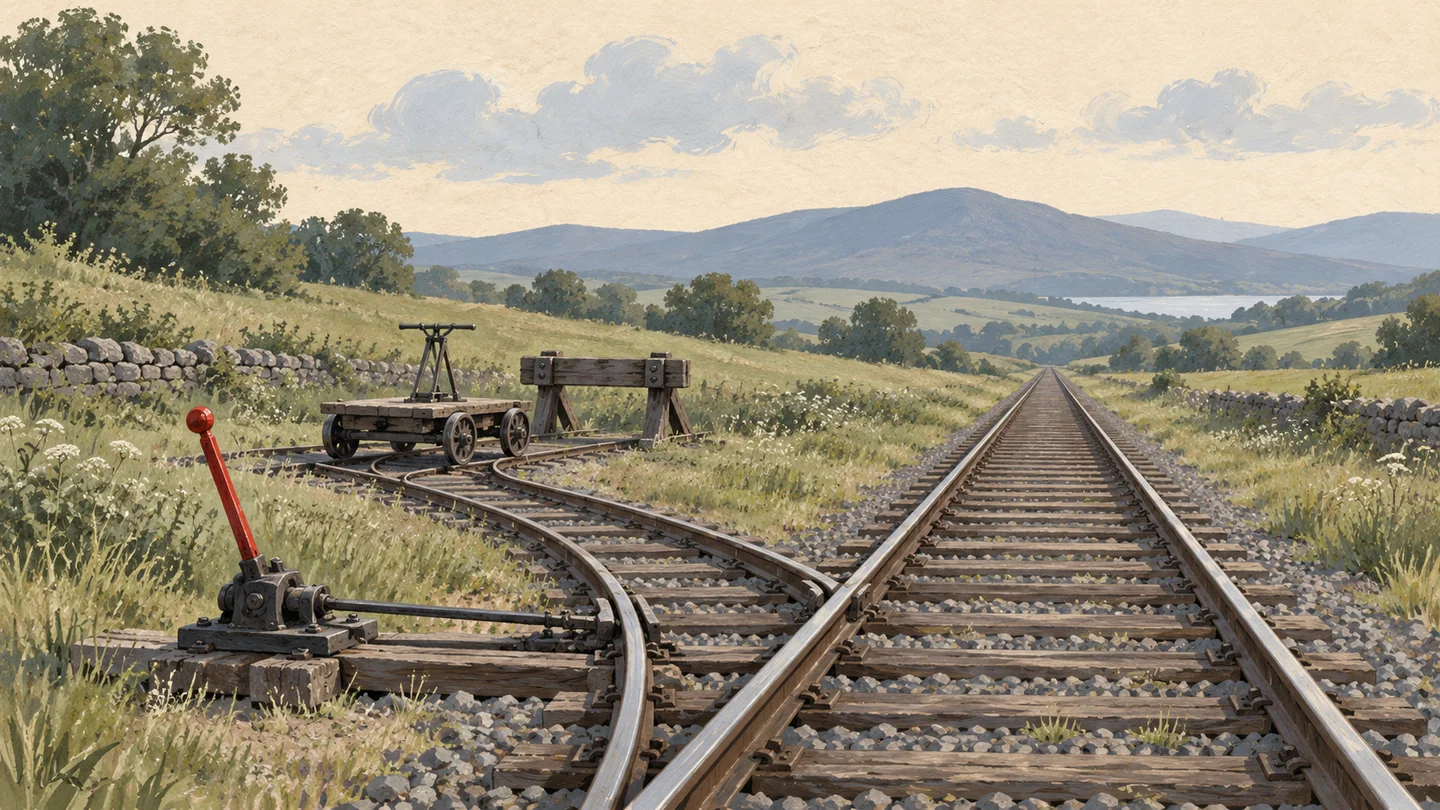 Gouache painting of a railway junction where a vermilion switch lever sends a small handcar onto a short siding ending at a buffer stop.