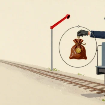 A signalman's hand passing a brass single-line token in a hoop to a train driver's gloved hand.