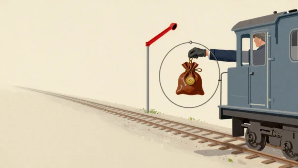 A signalman's hand passing a brass single-line token in a hoop to a train driver's gloved hand.