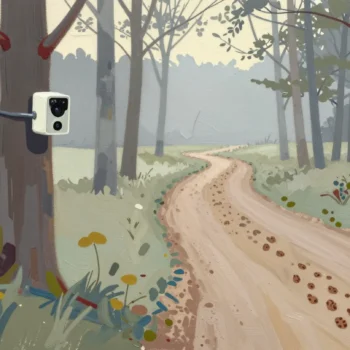 A narrow path through trees beside a small observation device