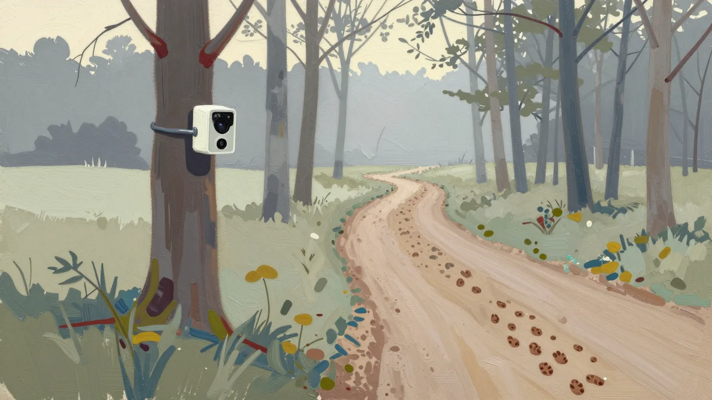 A narrow path through trees beside a small observation device