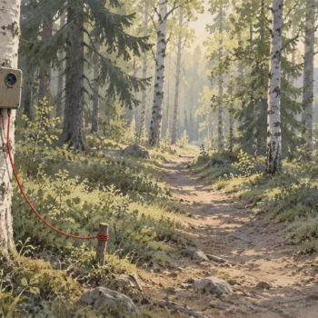 Gouache painting of a small wildlife camera strapped to a birch tree, aimed at one narrow forest path, with a vermilion cord running to a stake.
