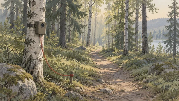 Gouache painting of a small wildlife camera strapped to a birch tree, aimed at one narrow forest path, with a vermilion cord running to a stake.