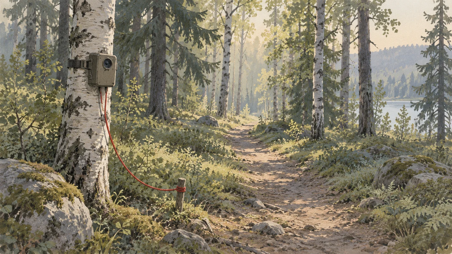 Gouache painting of a small wildlife camera strapped to a birch tree, aimed at one narrow forest path, with a vermilion cord running to a stake.