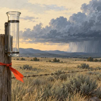Gouache painting of an empty rain gauge on a fence post at dawn, with heavy rain clouds approaching and a small vermilion flag on the post.