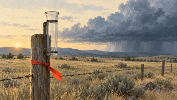Gouache painting of an empty rain gauge on a fence post at dawn, with heavy rain clouds approaching and a small vermilion flag on the post.