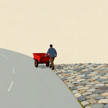 A figure pushing a loaded red handcart from a smooth lane onto a new stretch of rough cobbles, slowing at the seam.