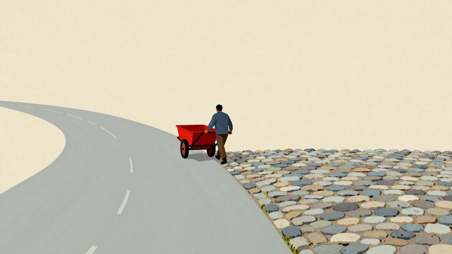 A figure pushing a loaded red handcart from a smooth lane onto a new stretch of rough cobbles, slowing at the seam.