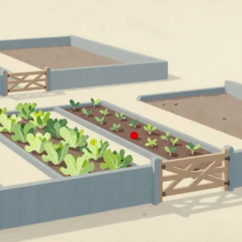 An allotment plot with its gate open, older lettuce rows and a new row of seedlings inside one fence