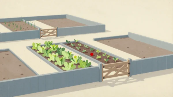 An allotment plot with its gate open, older lettuce rows and a new row of seedlings inside one fence
