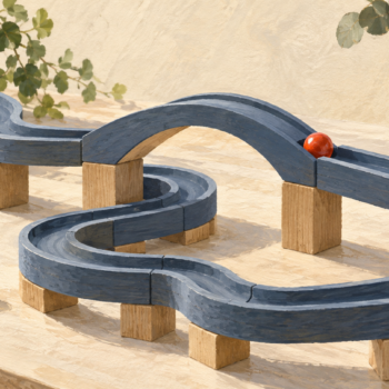 A short bridge lets a marble bypass a longer winding wooden track