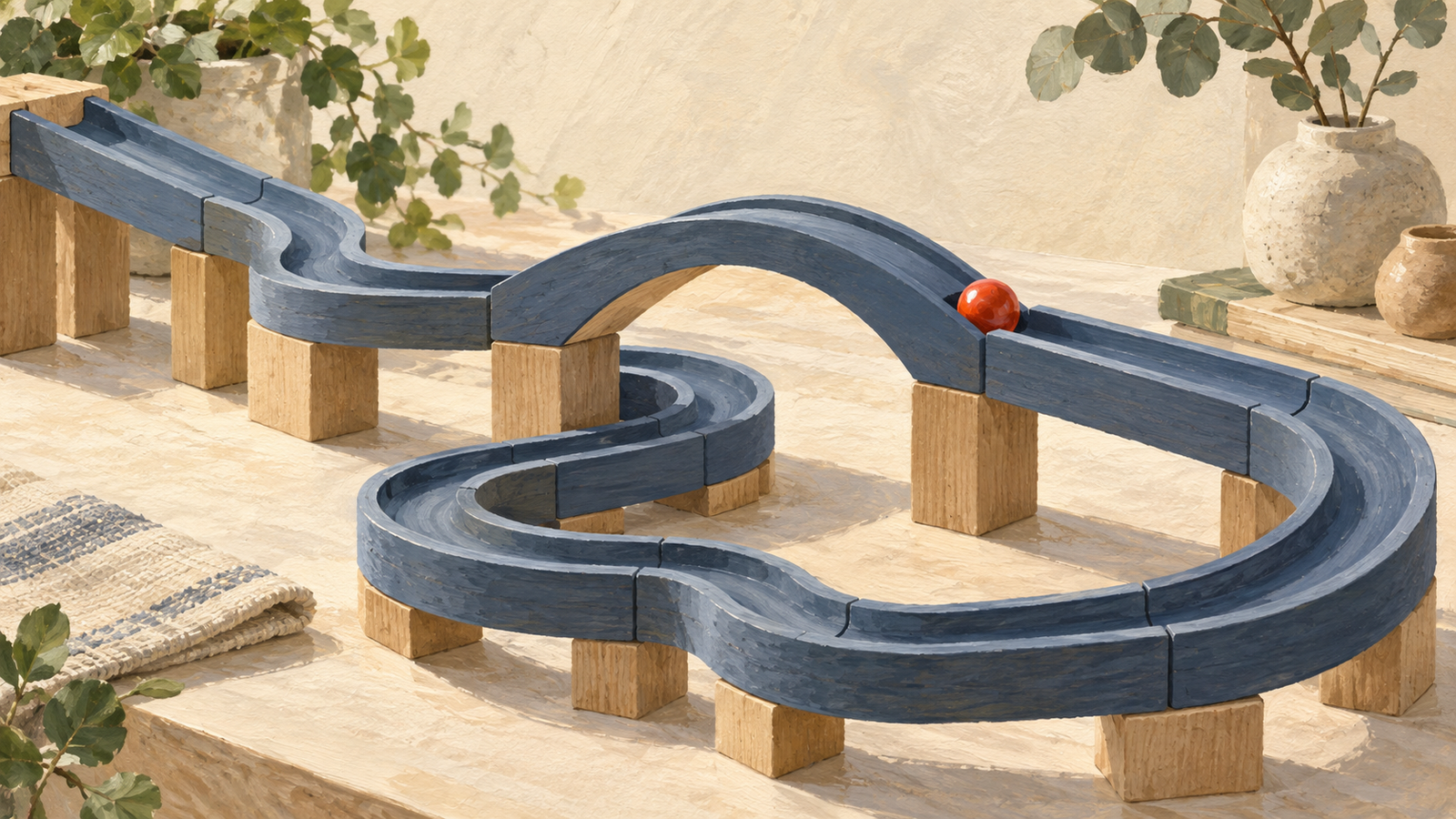 A short bridge lets a marble bypass a longer winding wooden track
