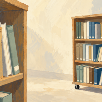 A settled bookcase and a mobile bookcase suggest different patterns of access and change