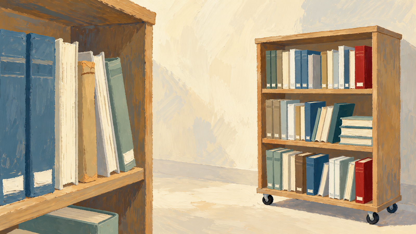 A settled bookcase and a mobile bookcase suggest different patterns of access and change
