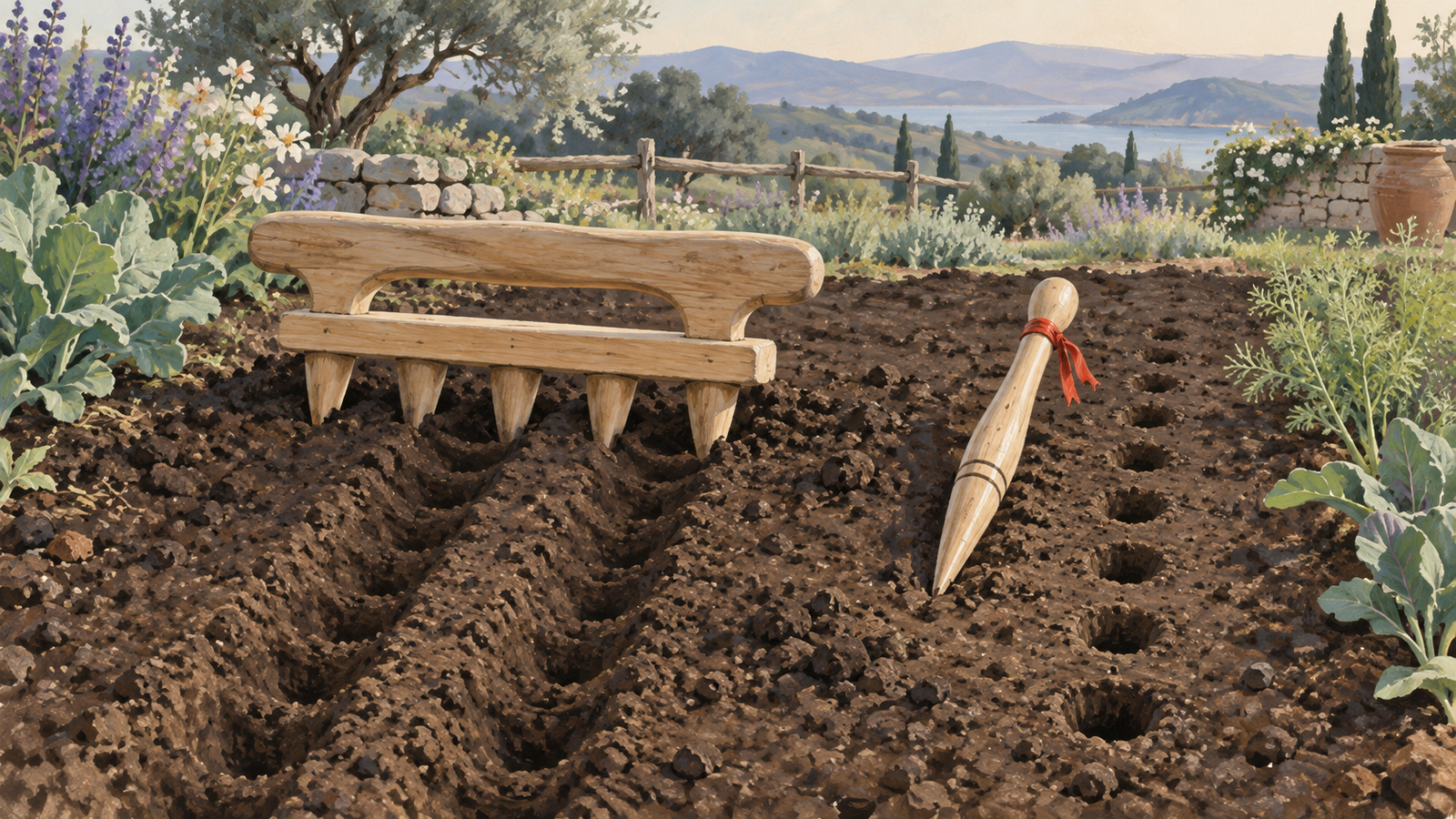 A multi-hole planting tool and a single-hole dibber offer two ways to process a row