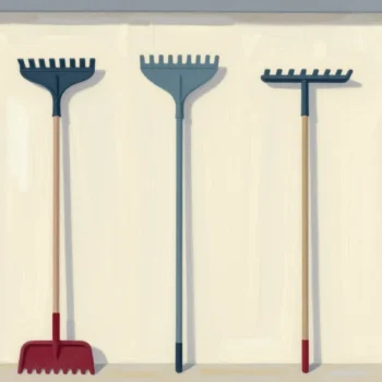 Three nearly identical rakes on a shed wall and a fourth new red-handled rake by the door.