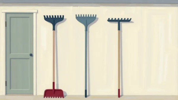 Three nearly identical rakes on a shed wall and a fourth new red-handled rake by the door.