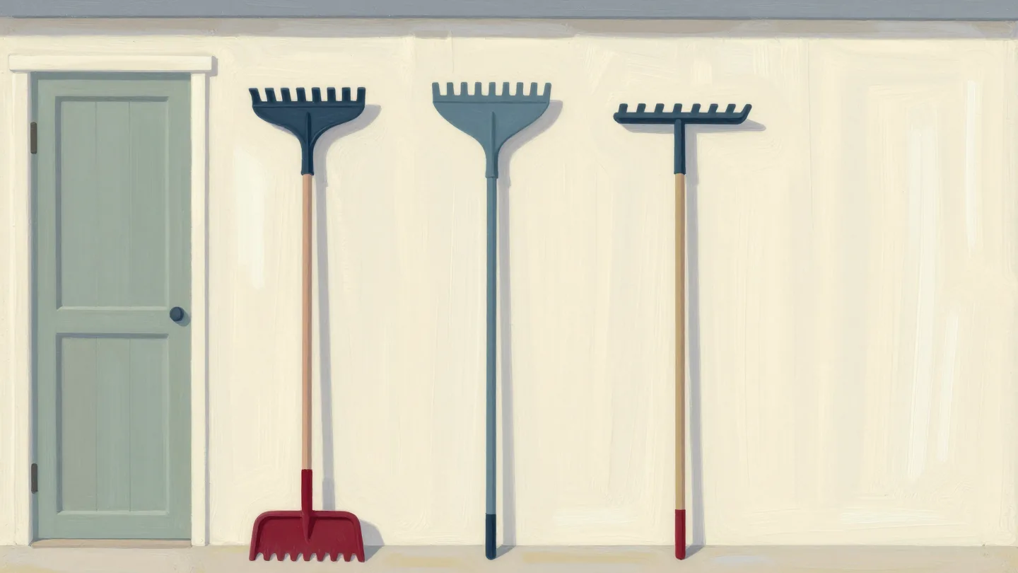 Three nearly identical rakes on a shed wall and a fourth new red-handled rake by the door.
