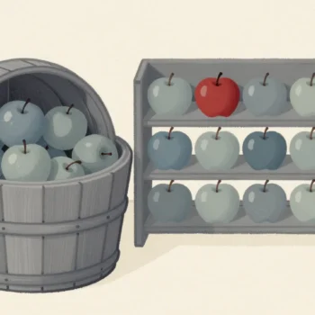In a farm apple store, a hand searches a loose bin of apples beside a rack of apples laid in neat rows.