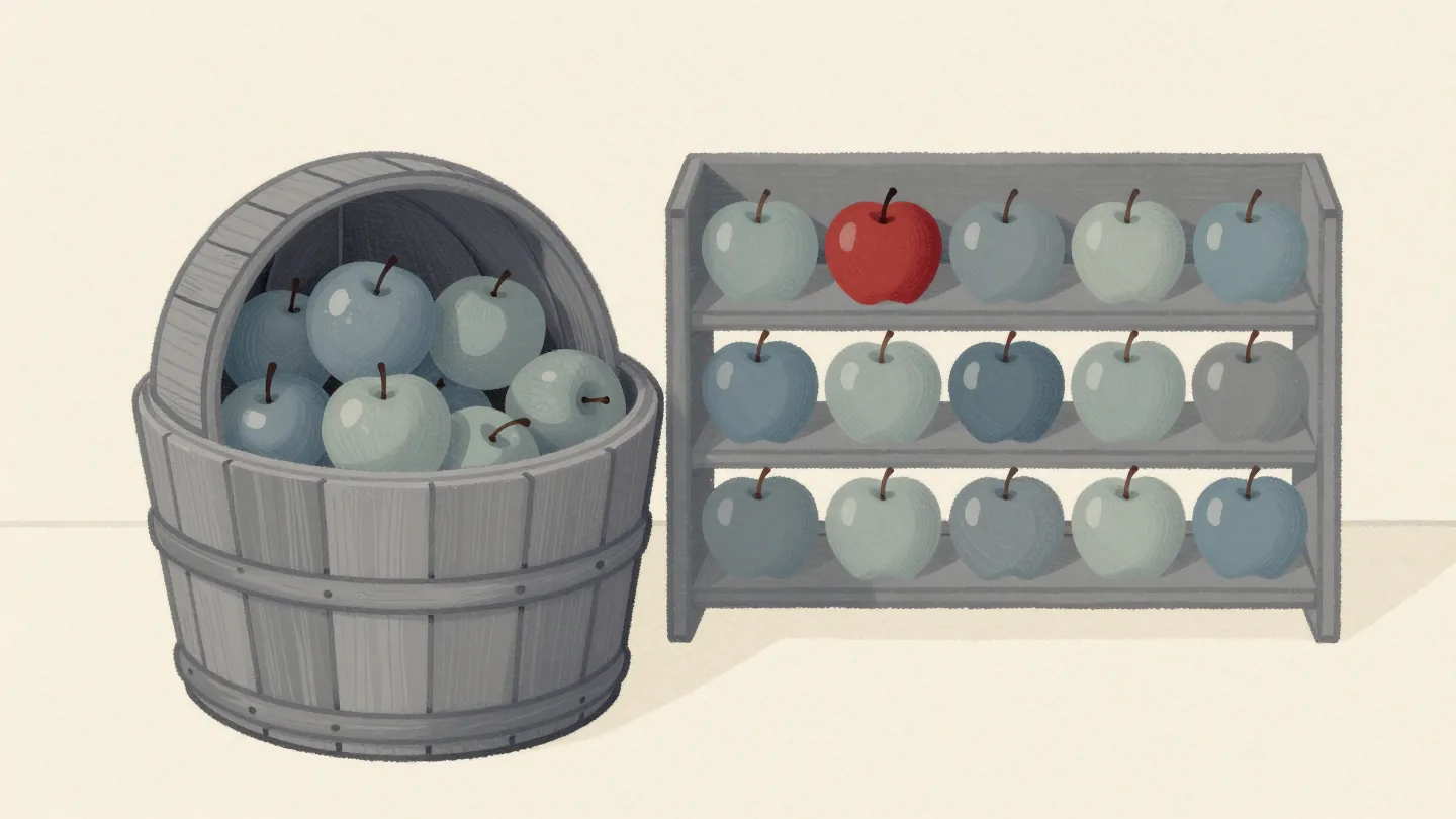 In a farm apple store, a hand searches a loose bin of apples beside a rack of apples laid in neat rows.