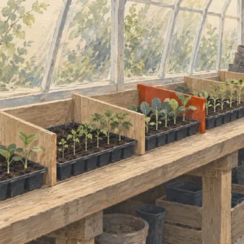 Gouache painting of seedling trays on a greenhouse bench, grouped by wooden dividers and ordered smallest to tallest, with one vermilion divider.