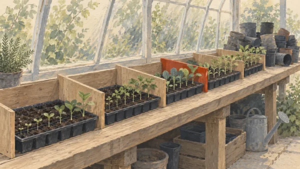Gouache painting of seedling trays on a greenhouse bench, grouped by wooden dividers and ordered smallest to tallest, with one vermilion divider.