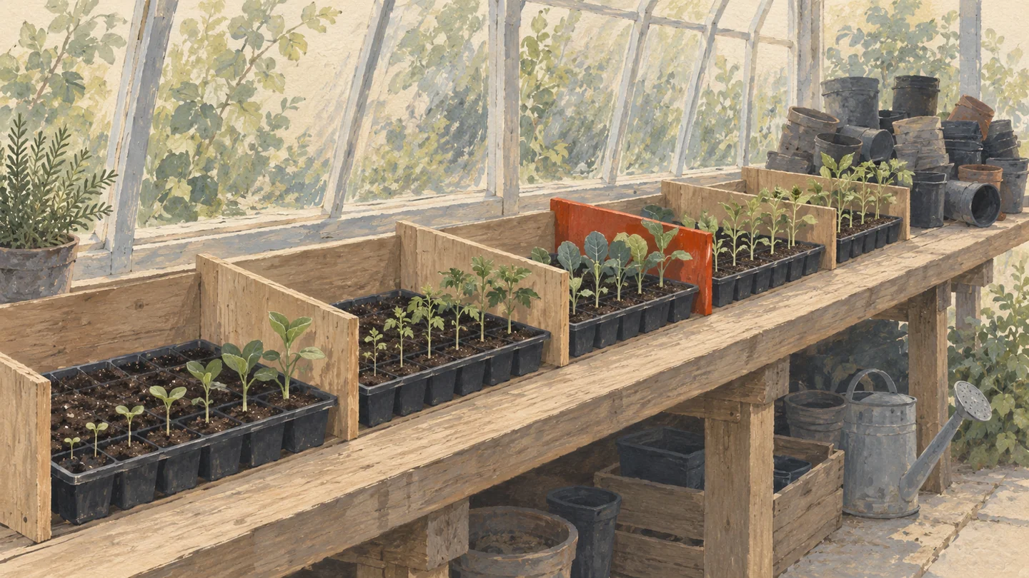 Gouache painting of seedling trays on a greenhouse bench, grouped by wooden dividers and ordered smallest to tallest, with one vermilion divider.
