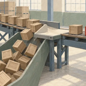 Gouache painting of a conveyor belt where most wooden crates slide into a return chute and only two continue, one of them vermilion.