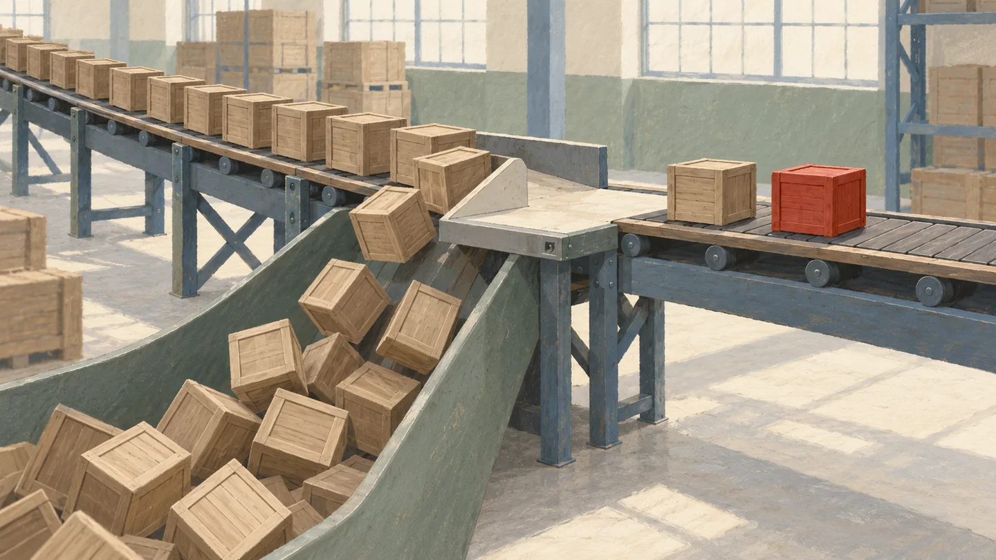 Gouache painting of a conveyor belt where most wooden crates slide into a return chute and only two continue, one of them vermilion.