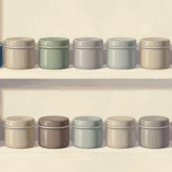 Two pantry shelves, small tins boxed wastefully on one and packed snugly on the other.