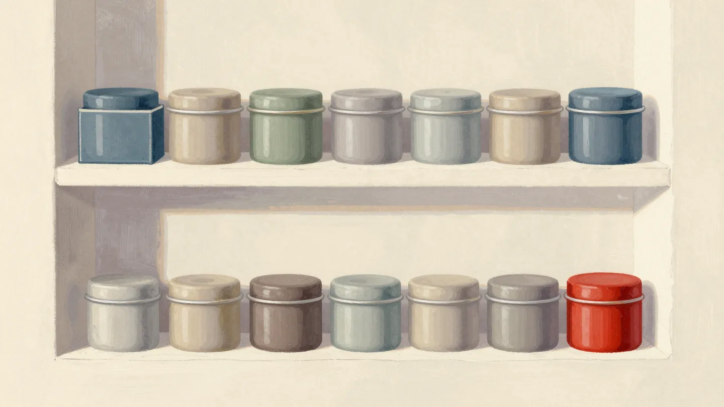 Two pantry shelves, small tins boxed wastefully on one and packed snugly on the other.