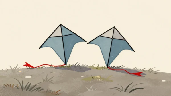 Two matching kites on the grass, differing only in their tails, one short and red.