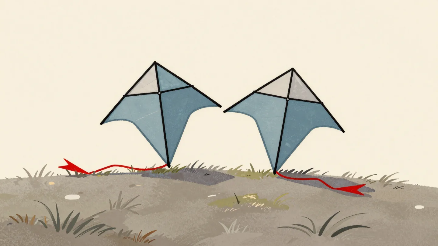 Two matching kites on the grass, differing only in their tails, one short and red.