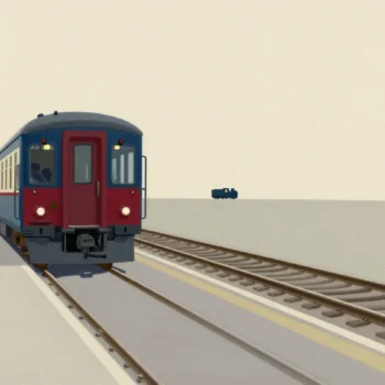 A lone railway carriage standing lit at a platform after its engine has uncoupled and left.