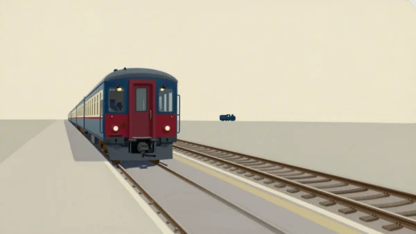 A lone railway carriage standing lit at a platform after its engine has uncoupled and left.