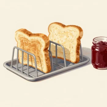 A toast rack on a breakfast table, some slots holding toast and some empty, beside a small jar of marmalade.