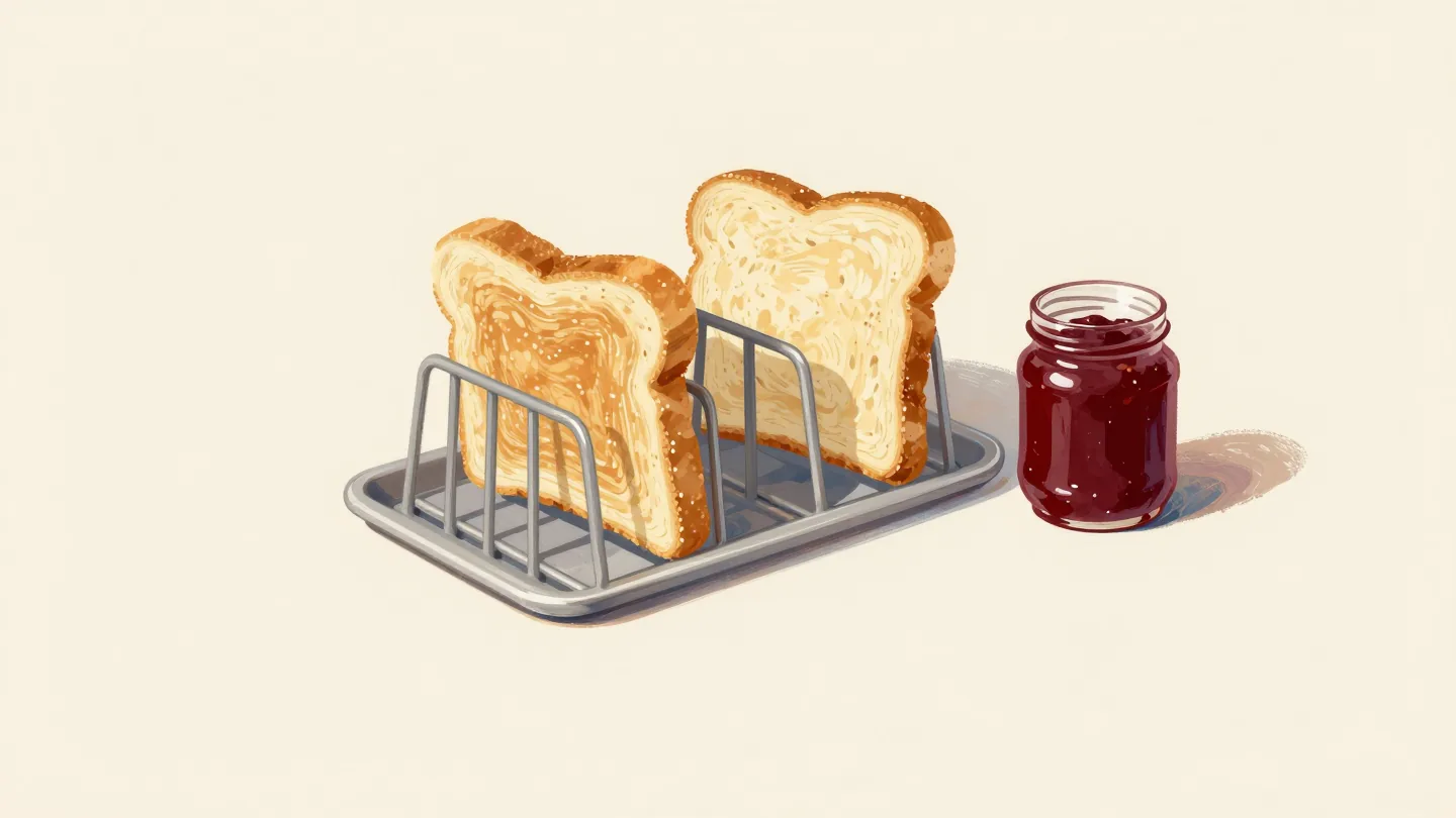A toast rack on a breakfast table, some slots holding toast and some empty, beside a small jar of marmalade.