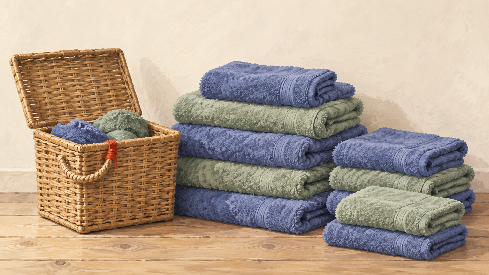The actual collection of towels is larger than the small hamper suggested