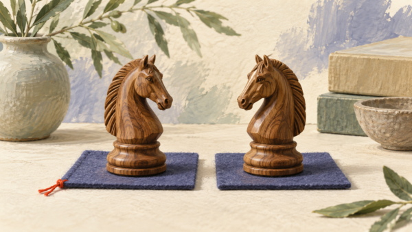Two identical carved wooden knights show an original alongside its faithful duplicate